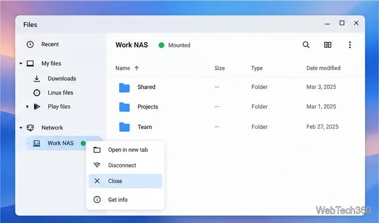 「閉じる」を選択した状態のWork NASコンテキストメニューの図。
