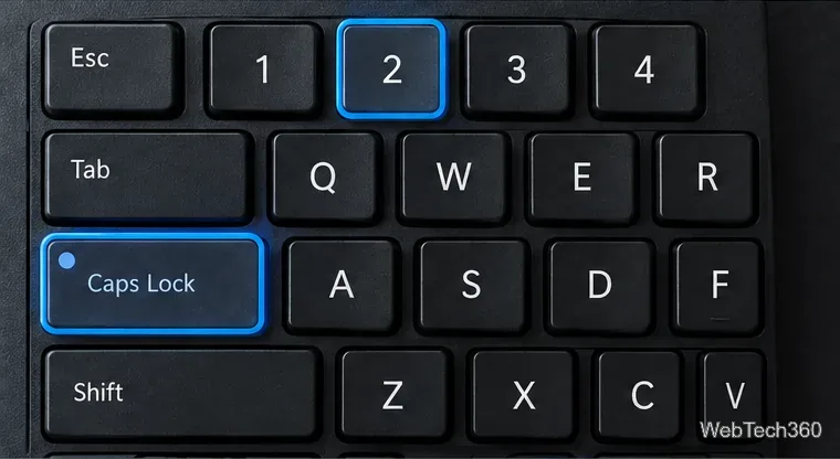 Keyboard illustration with Caps Lock and the number-row 2 highlighted for the temporary numpad mode.