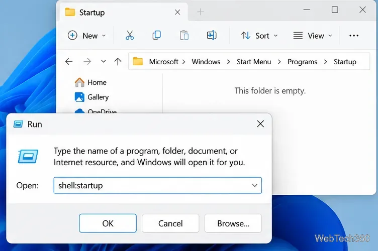 Диалоговое окно «Выполнить» Windows с запущенной оболочкой и открытой папкой автозагрузки текущего пользователя.