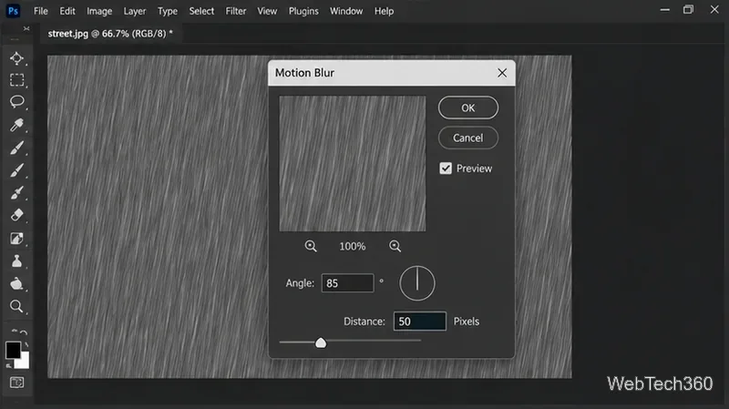 Caseta de dialog Motion Blur este setată la 85 de grade și 50 de pixeli peste dungi diagonale.