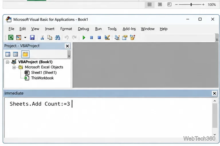 В редакторе Visual Basic в панели "Непосредственные окна" находится команда Sheets.Add Count:=3.