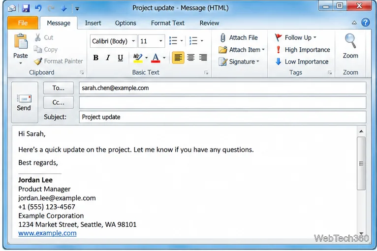 Schiță de e-mail Outlook 2010 cu un exemplu de semnătură de afaceri plasată sub încheierea mesajului.