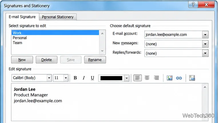 Editor de semnături Outlook care conține un exemplu de nume, funcție și adresă de e-mail.