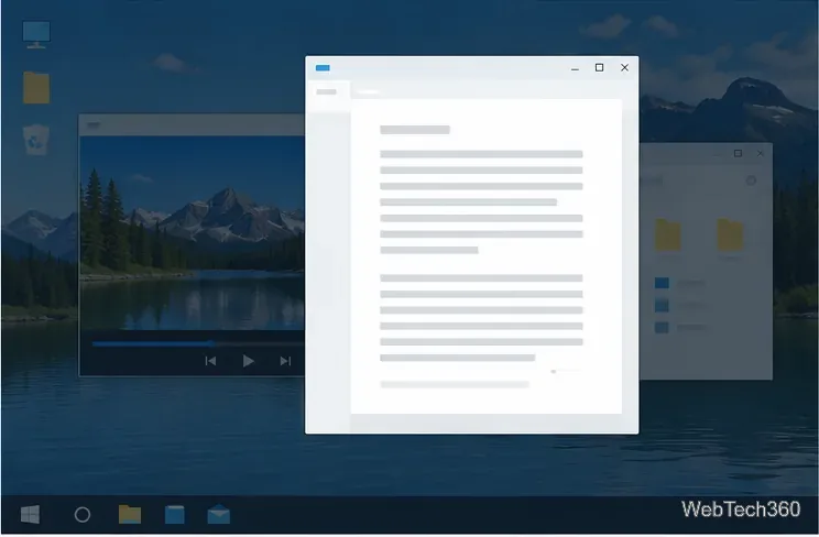 O fereastră de document este izolată ca zonă de focalizare luminoasă, în timp ce ferestrele video și desktop sunt estompate.