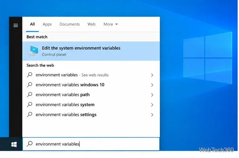 La búsqueda de Inicio de Windows 10 muestra "Editar las variables de entorno del sistema" como la mejor coincidencia.