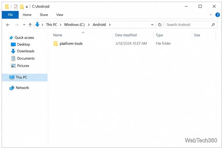 El Explorador de archivos se abre en C:\Android con la carpeta platform-tools dentro.
