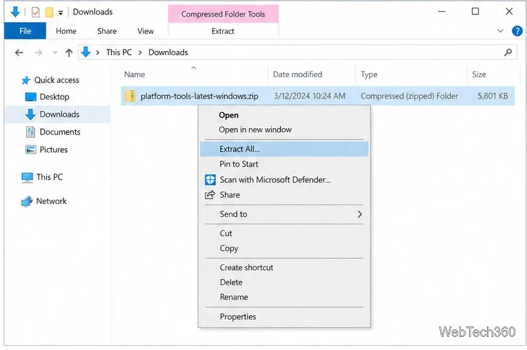 Menú contextual del Explorador de archivos que muestra la opción "Extraer todo" para el archivo ZIP de Herramientas de la plataforma Windows.