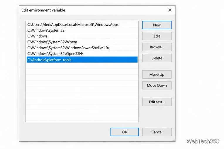 Editar la ventana de variables de entorno con C:\Android\platform-tools introducido como un elemento de ruta independiente.