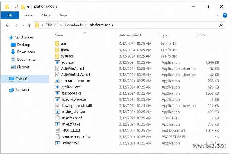Se extrajo el directorio platform-tools que contiene los archivos adb.exe y fastboot.exe.