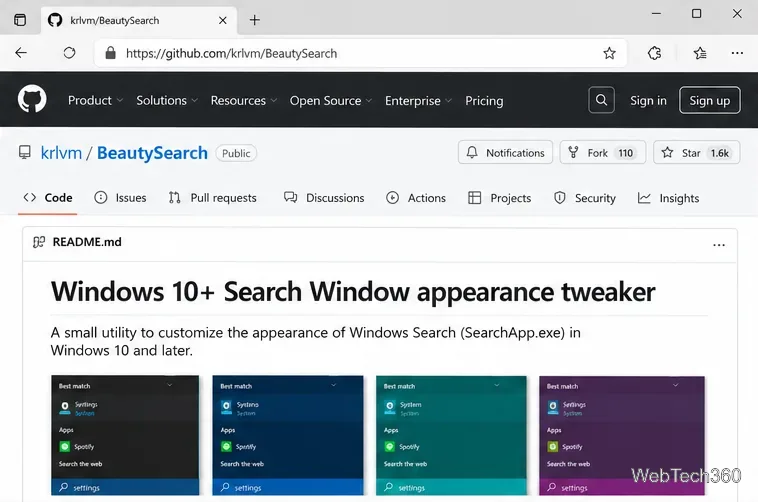 صفحة مستودع krlvm BeautySearch على GitHub ووصف أداة تحسين مظهر البحث في نظام ويندوز.