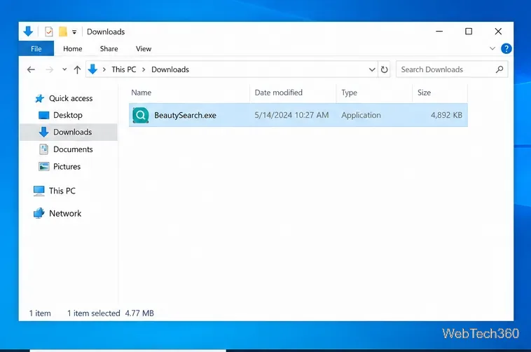 مجلد التنزيلات في مستكشف الملفات مع تحديد ملف BeautySearch.exe.