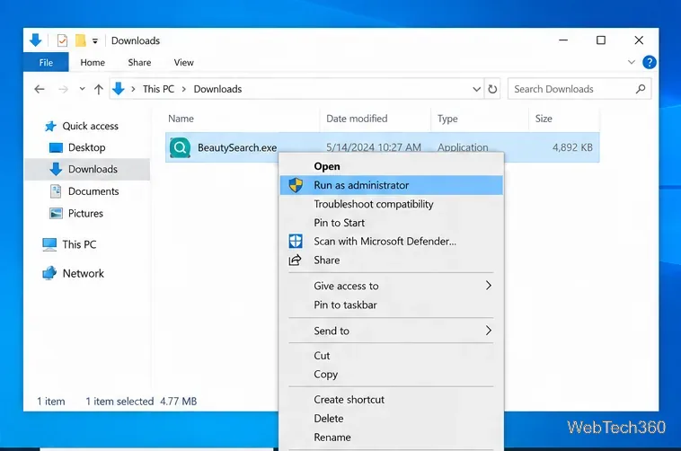 قائمة السياق الخاصة بنظام ويندوز لملف BeautySearch.exe مع تحديد خيار "تشغيل كمسؤول".