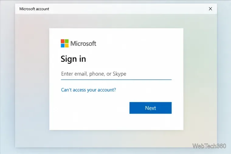Иллюстративный диалог входа в учетную запись Microsoft с пустым полем для ввода адреса электронной почты, номера телефона или номера Skype и кнопкой «Далее».