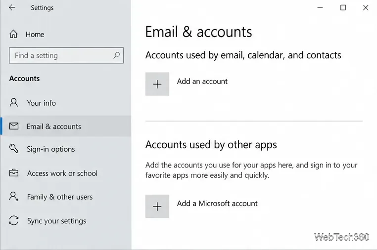 Иллюстративная страница «Электронная почта и учетные записи» в Windows 10, показывающая раздел «Учетные записи, используемые другими приложениями» и действие «Добавить учетную запись Microsoft».