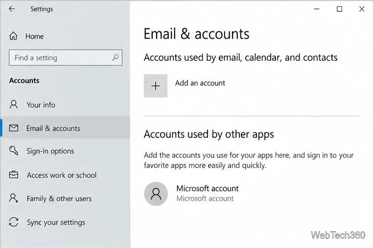 Иллюстративная страница «Электронная почта и учетные записи» в Windows 10, где в разделе «Учетные записи, используемые другими приложениями» указана учетная запись Microsoft.