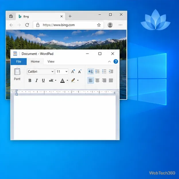 A semi-transparent blue logo floating above open browser and document windows on a Windows 10 desktop