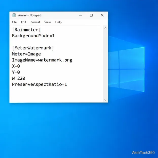 A plain Notepad window showing the Rainmeter INI lines for a transparent image skin