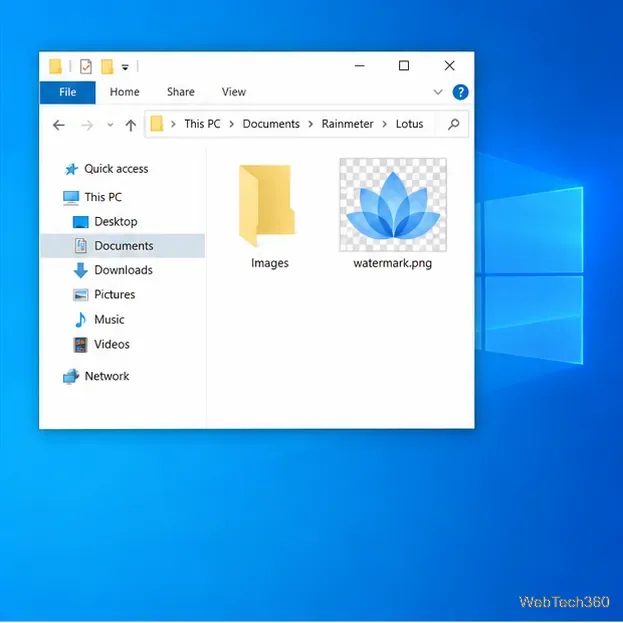 File Explorer open to a Rainmeter skin folder with a transparent watermark PNG visible