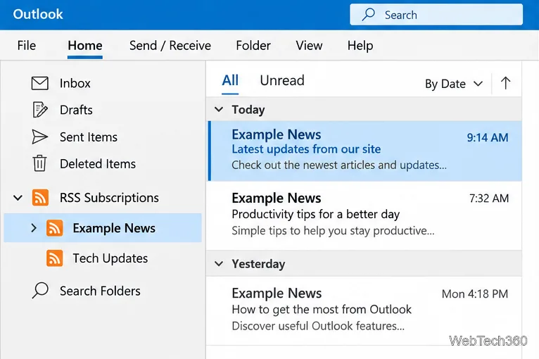 クラシック版Outlookで、RSS購読の下にある「ニュース」フォルダーの例が表示され、メッセージリストに複数のフィードアイテムが含まれています。
