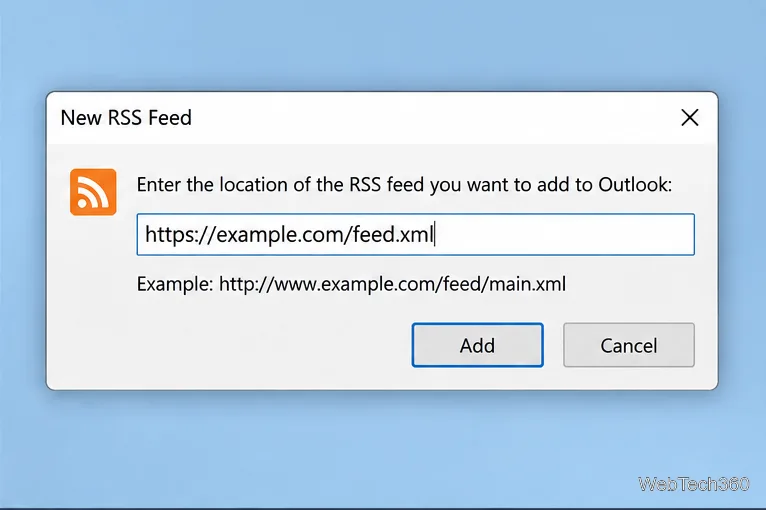 従来のOutlookに新しいRSSフィードダイアログが表示され、フィードURLの例が入力され、「追加」ボタンが表示されている。