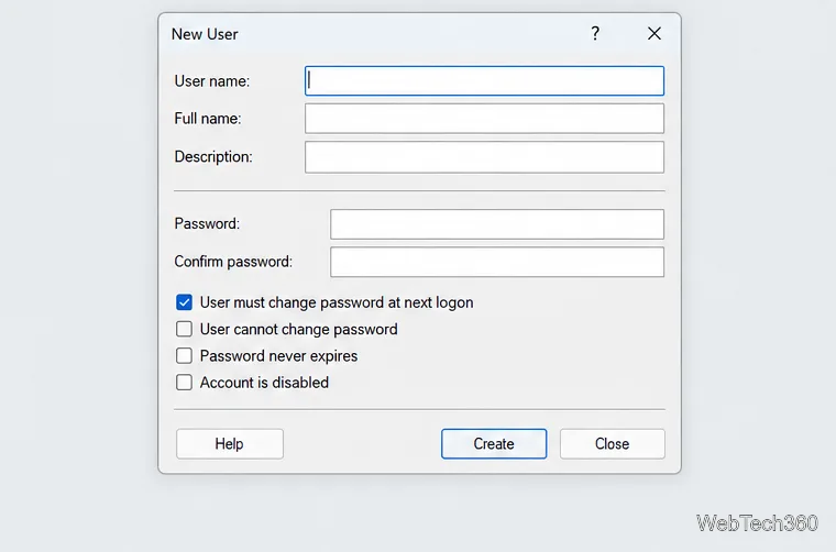 Boîte de dialogue Nouvel utilisateur Windows Server avec les champs nom d'utilisateur, nom, description, mot de passe et changement de mot de passe à la prochaine ouverture de session