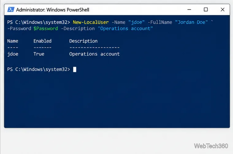 Fenêtre Windows PowerShell affichant une commande New-LocalUser avec une variable de mot de passe sécurisé et une ligne de résultat