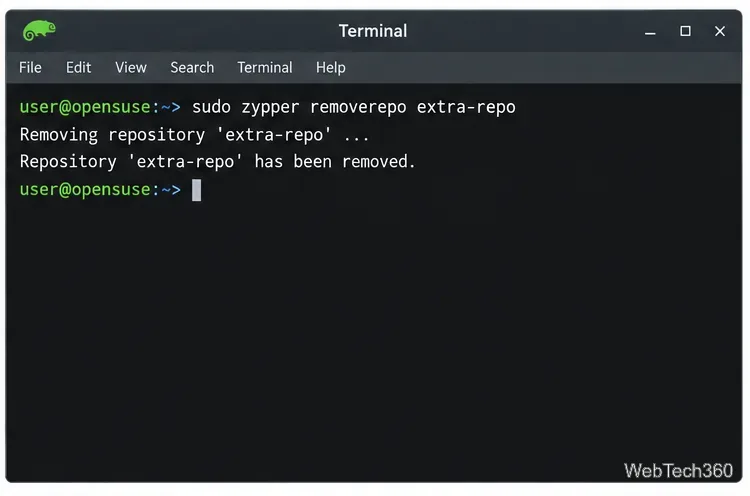 Terminal showing zypper removerepo extra-repo and a successful removal message