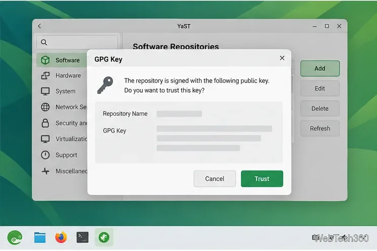 YaST GPG Key dialog asking whether to trust and import a repository signing key
