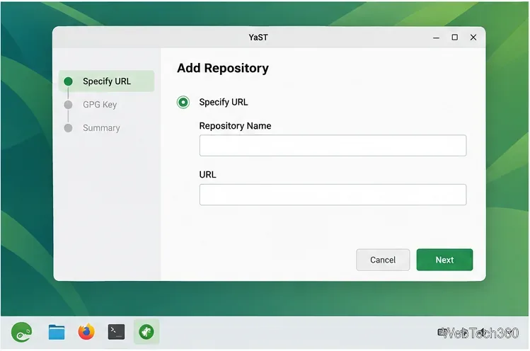 YaST Add Repository form with Specify URL selected and Repository Name and URL fields