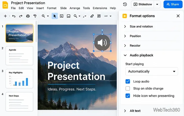 Pannello di riproduzione audio di Google Slides con riproduzione in loop abilitata e interruzione al cambio diapositiva disabilitata.