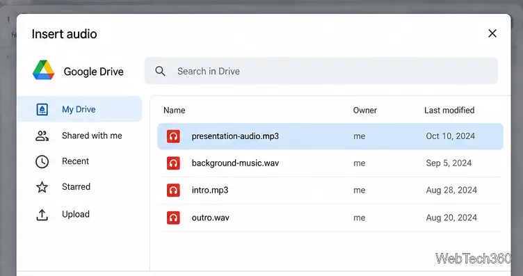 Strumento di selezione audio di Google Slides che mostra i file MP3 e WAV presenti in Google Drive.