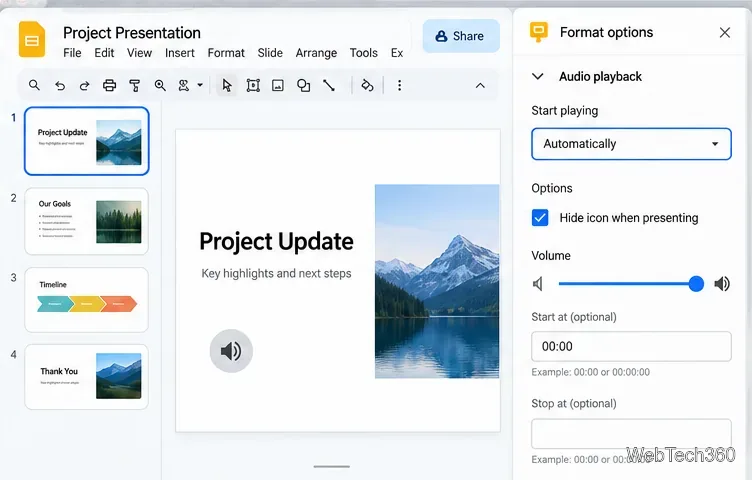 Impostazioni di riproduzione audio di Google Slides con riproduzione automatica e controlli del volume