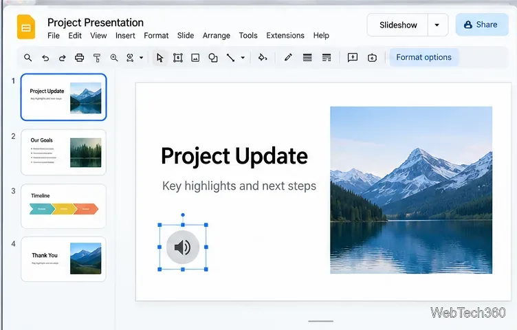 Icona dell'altoparlante selezionata in una presentazione di Google Slides