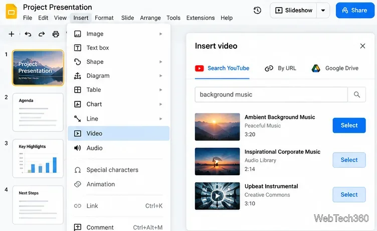 Google Slides: Inserisci una finestra video con opzioni di ricerca su YouTube e Google Drive.