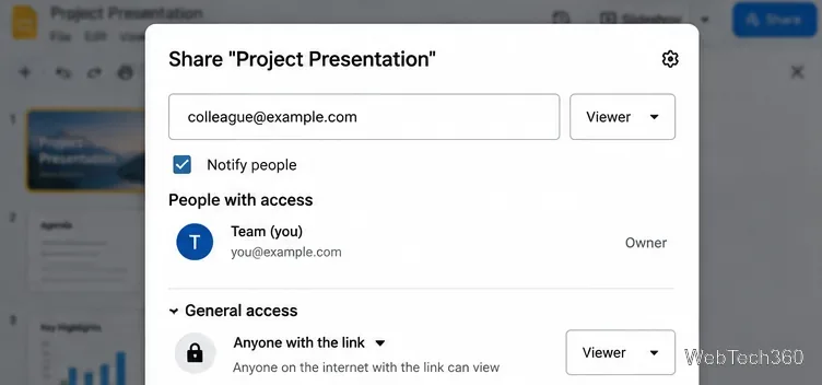 Finestra di dialogo di condivisione di Google Slides con visualizzatore e controlli di accesso generali