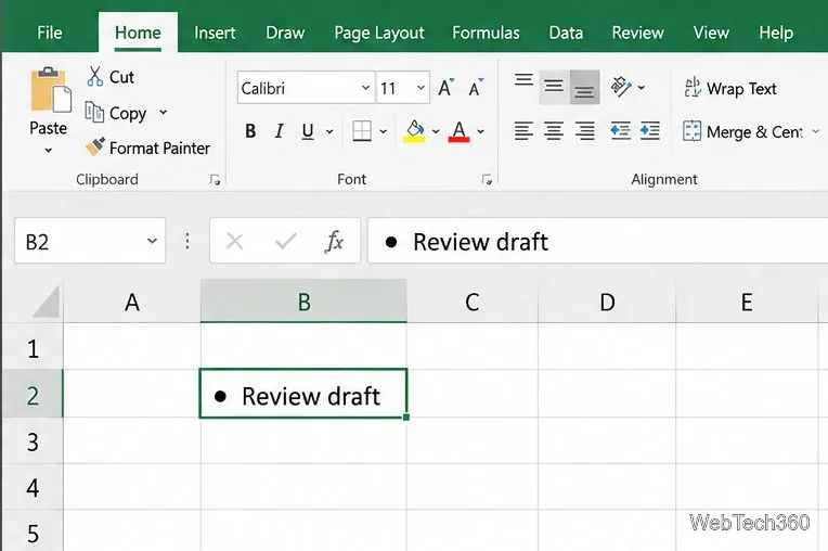 В ячейке электронной таблицы Excel перед текстом "Проверка черновика" отображается маркер списка.