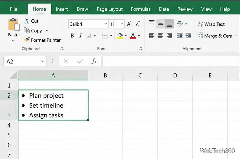 В ячейке Excel находится маркированный список из трех пунктов, каждый из которых расположен на отдельной строке.
