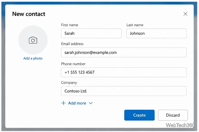 New contact form in Outlook with name email phone and company fields