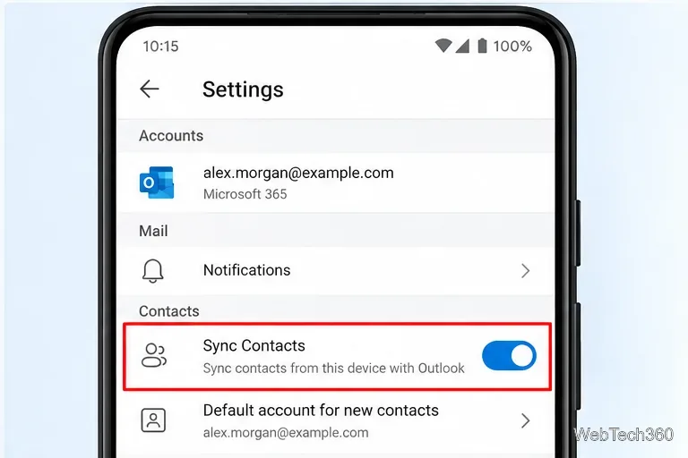 Outlook mobile account settings showing the Sync Contacts switch turned on