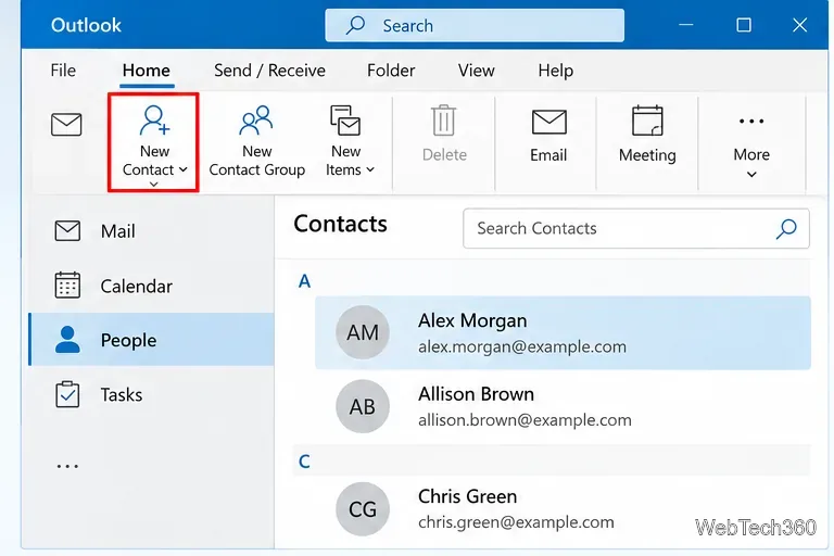 Classic Outlook Contacts view with the New Contact button on the ribbon