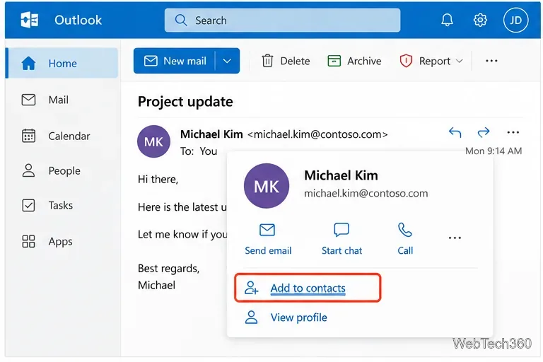 Email sender profile card in Outlook with Add to contacts selected