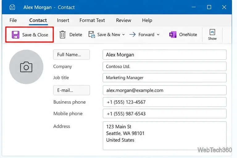 Classic Outlook contact form with Save and Close button and contact details