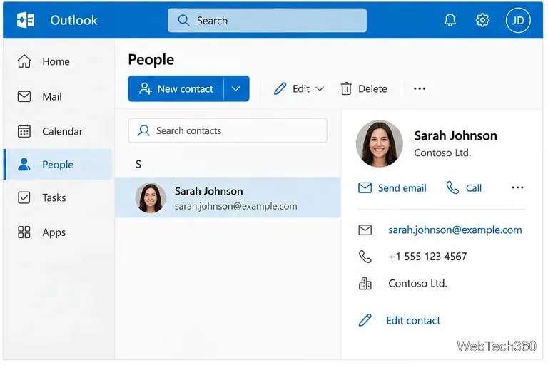 Outlook People page showing a saved Sarah Johnson contact with email phone and company information