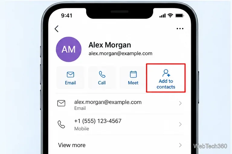 Outlook mobile contact card with the Add to contacts action highlighted