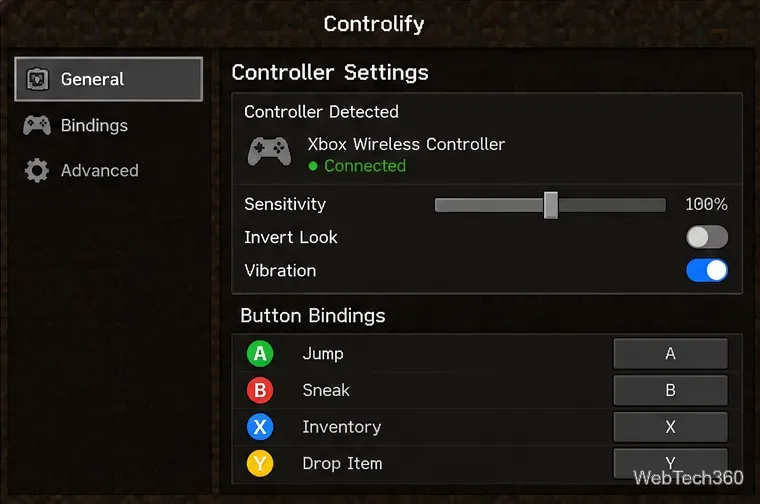 Schermata delle impostazioni del controller Controlify che mostra un controller Xbox connesso, la sensibilità, la vibrazione e le associazioni dei pulsanti.
