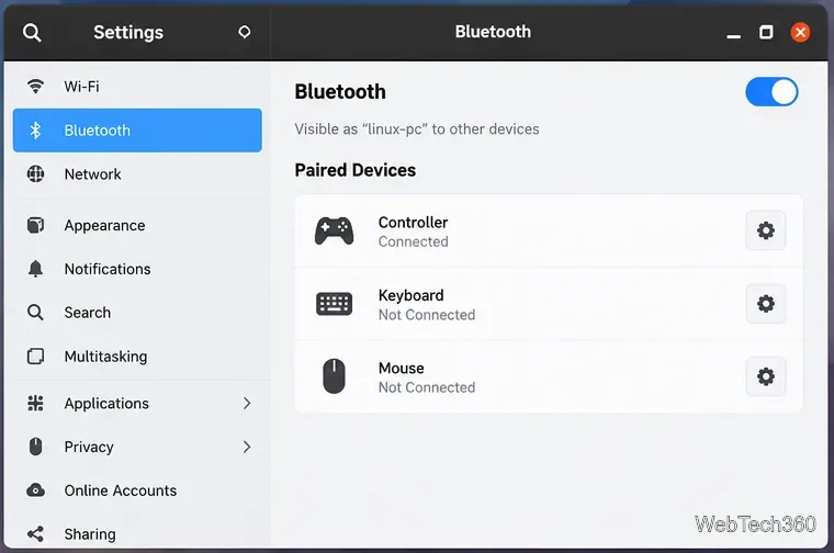 Impostazioni Bluetooth di Linux che mostrano un controller di gioco connesso