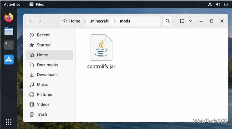 Gestore file Linux che mostra controlify.jar all'interno della cartella .minecraft mods