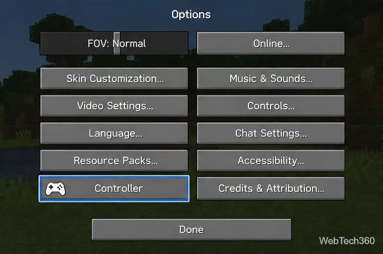 Schermata delle opzioni di Minecraft con una voce relativa alle impostazioni del controller evidenziata