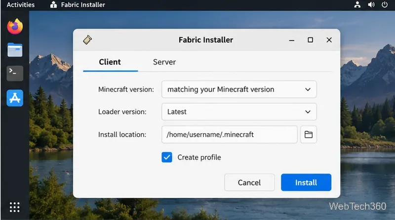 Finestra client di Fabric Installer su Linux con selettore di versione di Minecraft e Crea profilo abilitato