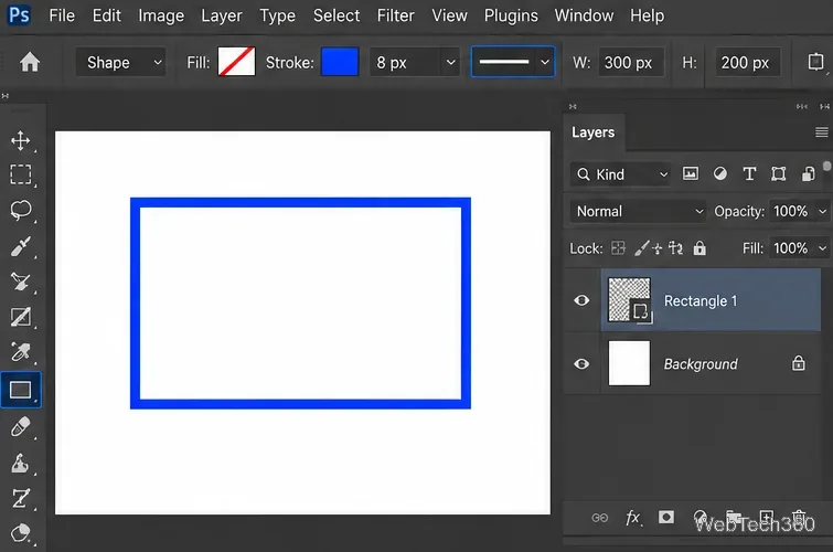 Barre d'outils de formes Photoshop montrant une largeur de trait bleu de 8 px et une bordure rectangulaire pleine